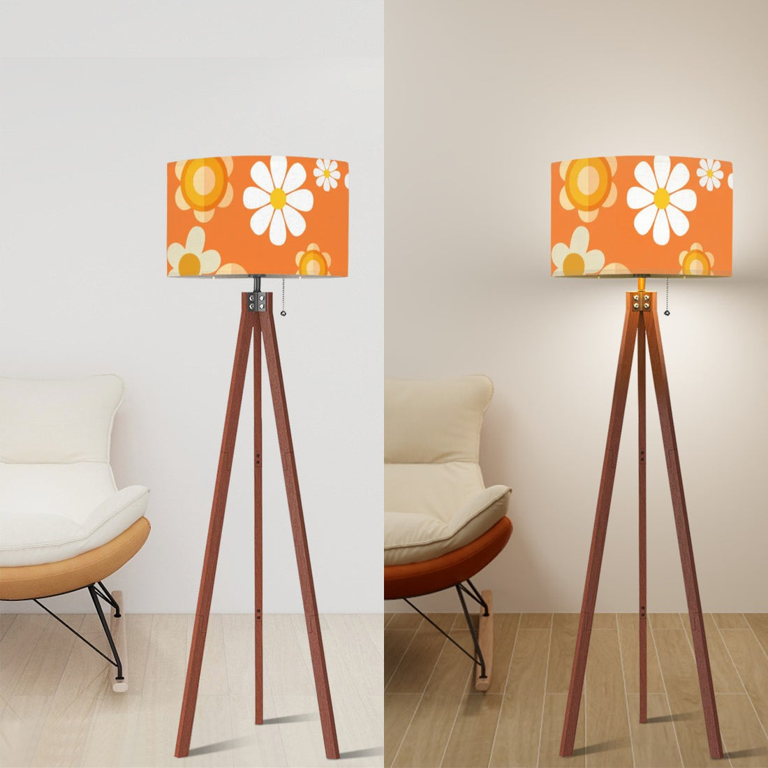 1970s Flower Power Retro Orange White Mod Daisy Tripod Floor Lamp