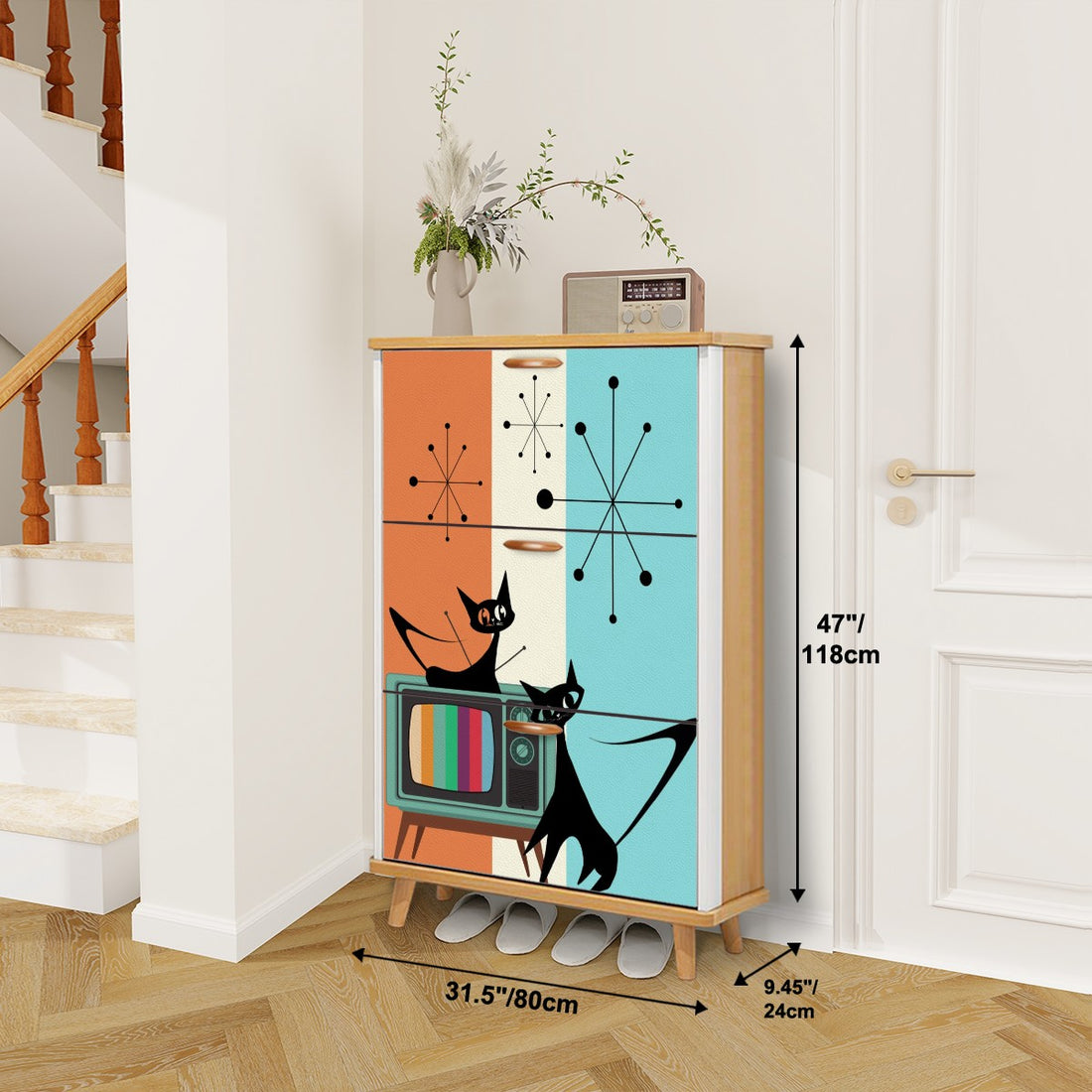 Atomic Cat Mid Century Modern Designed Kitschy Mod Fun Quirky Shoe Cabinet