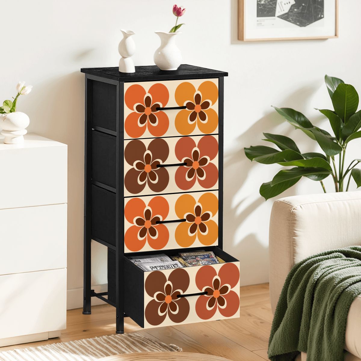Groovy 60s Mod Flowers Orange Brown 4-Drawer Dresser - Mid Century Modern Gal
