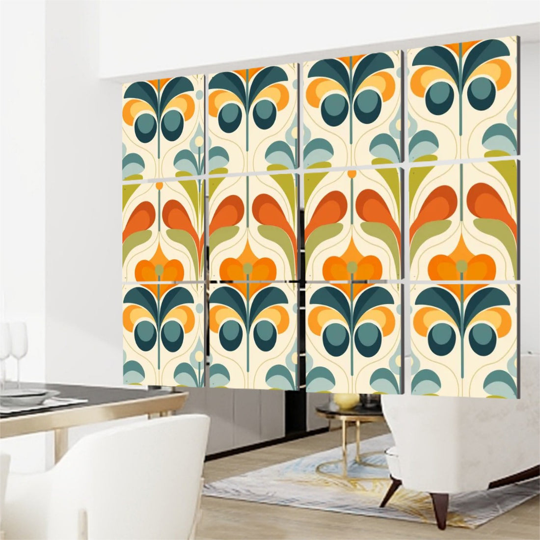 Retro Scandinavian Floral Design, Orange Blue, Green Mid Century Modern Hanging Room Divider 12 pcs