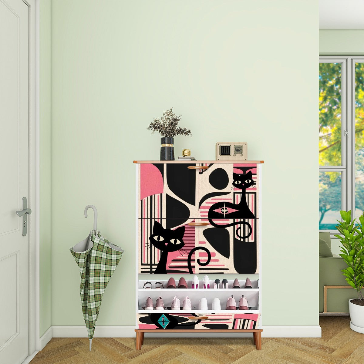 Mid Century Modern Shoe Cabinet, Black, Pink Atomic Cats Mid Mod Storage Organization - Mid Century Modern Gal