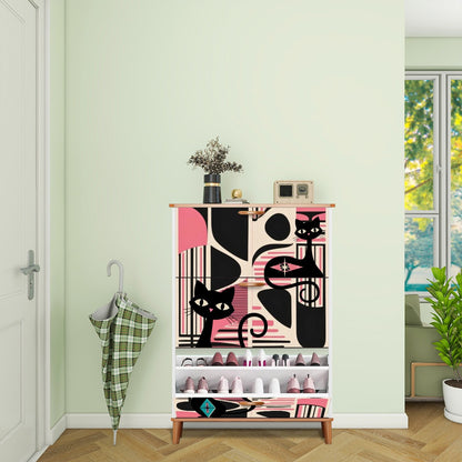 Mid Century Modern Shoe Cabinet, Black, Pink Atomic Cats Mid Mod Storage Organization - Mid Century Modern Gal