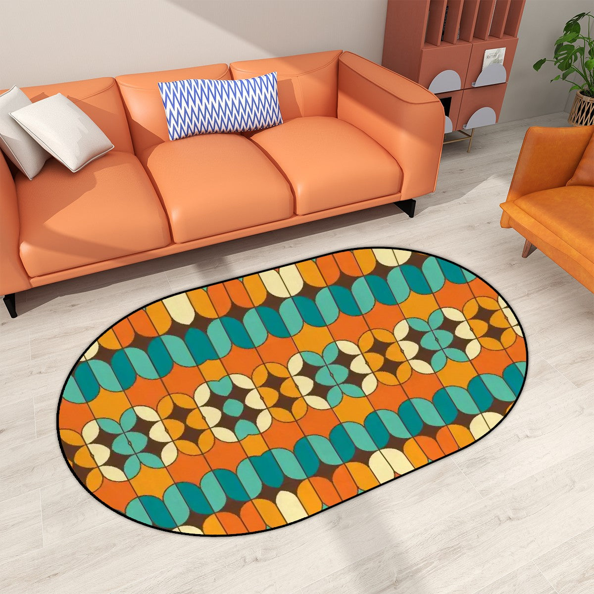 Mid Century Modern Orange Teal Retro Geometric Cool Designed Oval Rug - Mid Century Modern Gal