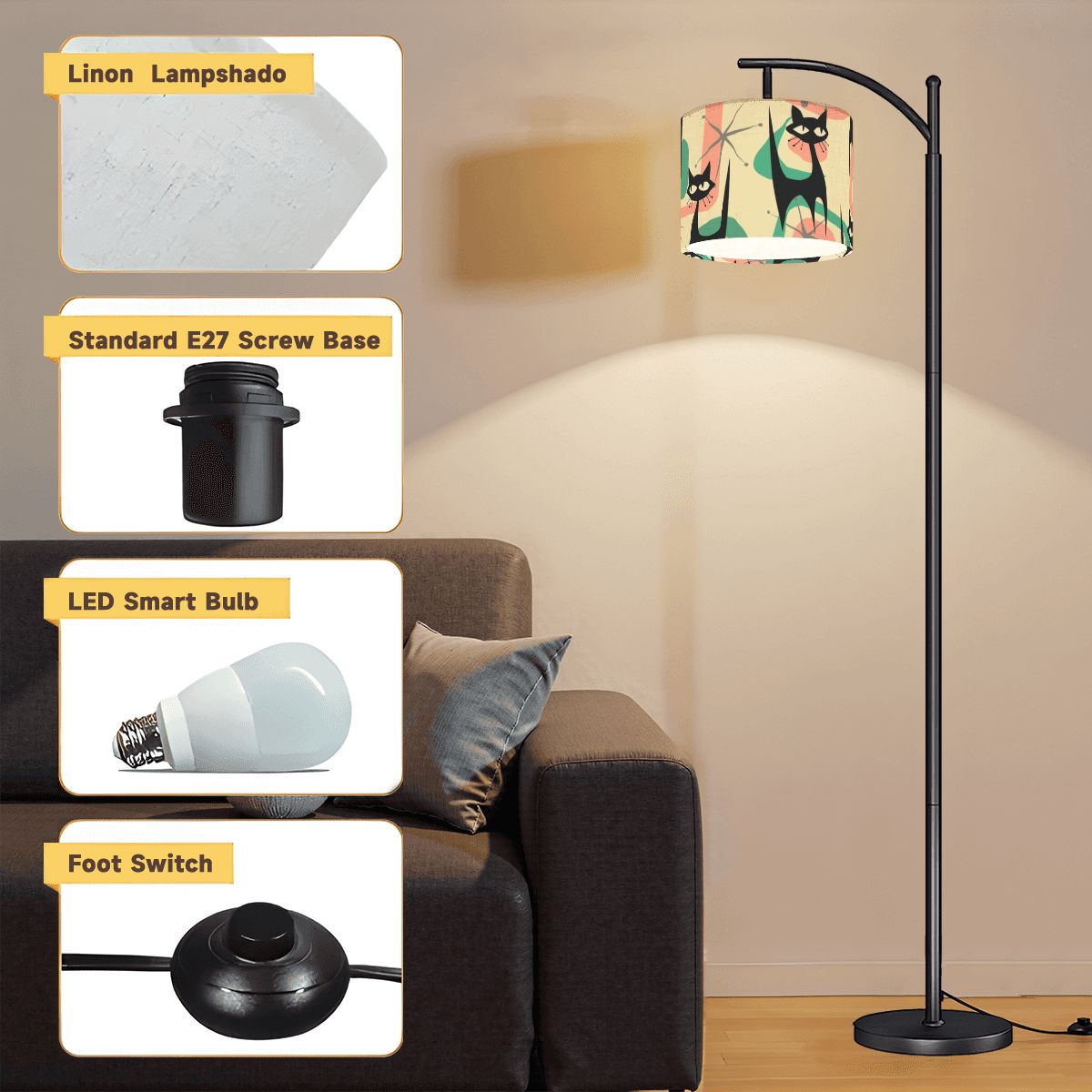 Atomic Cat Mid Century Modern Starburst Retro Kitsch Arc Floor Lamp - Mid Century Modern Gal
