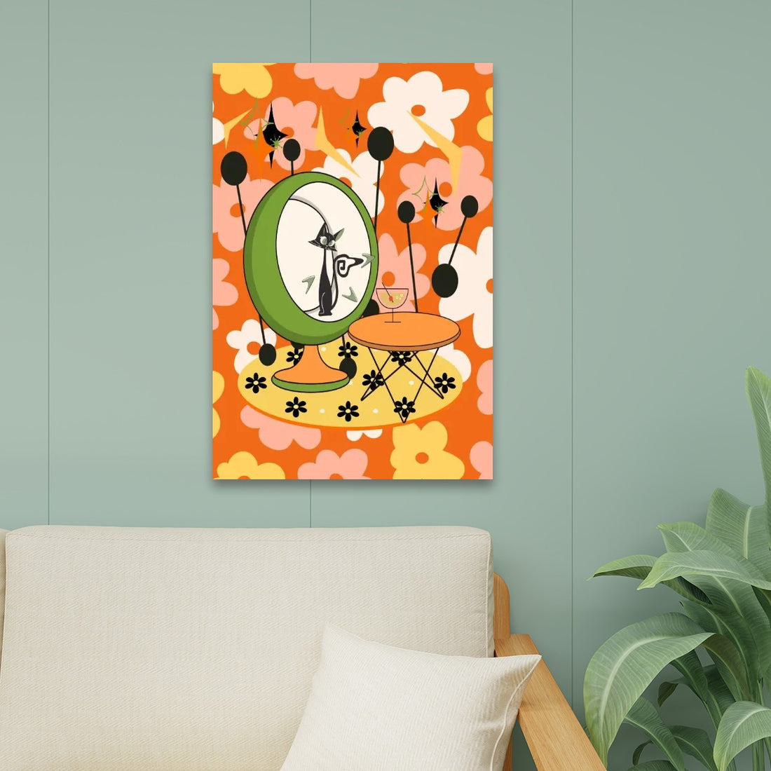 Retro Flower Power Wall Art, Atomic Cat In Egg Chair, Bold, Funky Fun Canvas Print Wall Art - Mid Century Modern Gal