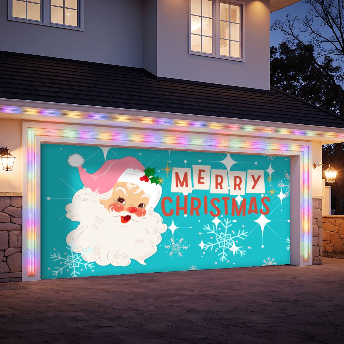 Vintage Santa Mid Century Christmas Aqua Blue Retro Garage Door Banner Backdrop - Mid Century Modern Gal