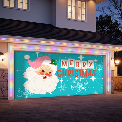 Vintage Santa Mid Century Christmas Aqua Blue Retro Garage Door Banner Backdrop - Mid Century Modern Gal