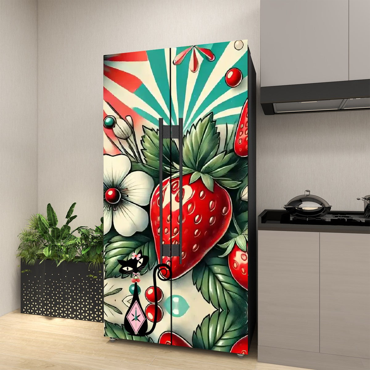 Atomic Cat Vintage Strawberry Retro Mod Self Adhesive Refrigerator Wrap Set - Mid Century Modern Gal