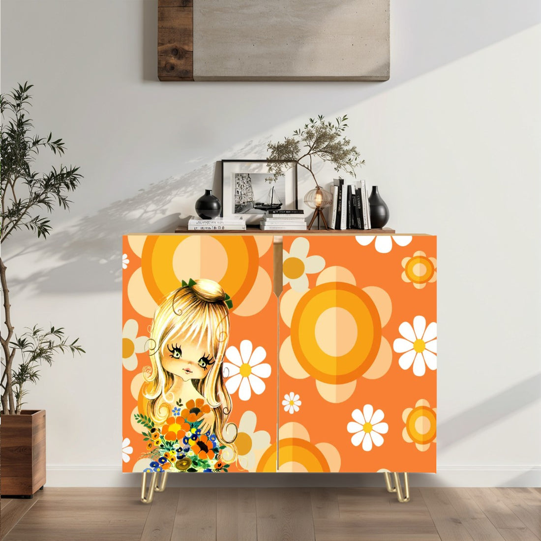 70s Flower Power Big Eyed Girl Retro Mod Orange Floral Wooden Storage Cabinet - Mid Century Modern Gal