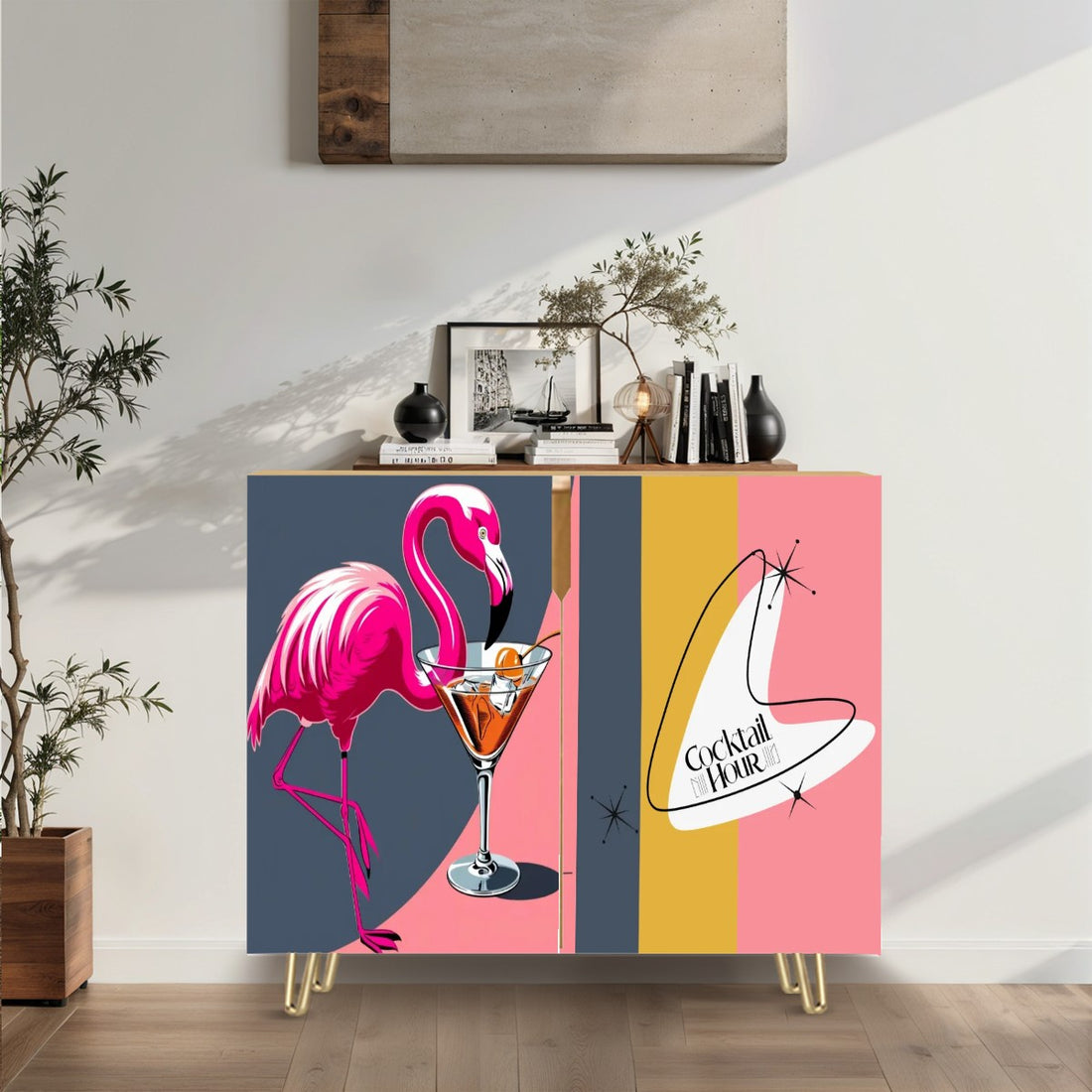 Mid Century Modern Bar Credenza, Cocktail Hour Pink Kitschy Flamingo, MCM Wooden Storage Cabinet