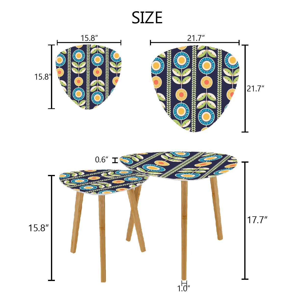 Modern Scandinavian Flower Blue, Orange Yellow Green Mid Century Modern Nesting Tables - Mid Century Modern Gal