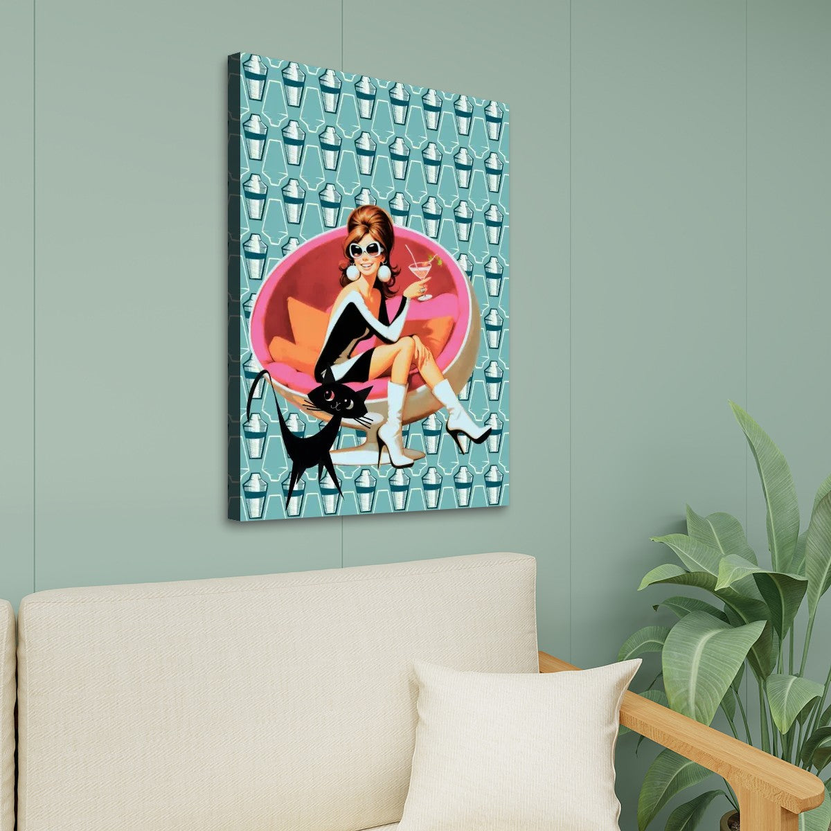 Mid Century Modern Wall Art, Mid Mod Gal, Martini Time, Atomic Cat Canvas Wall Art - Mid Century Modern Gal