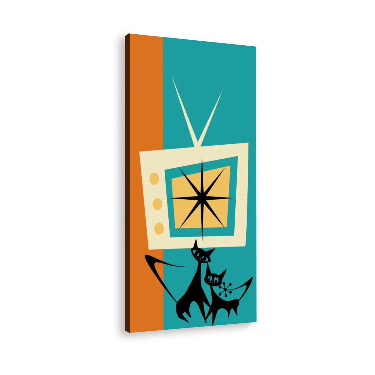 Atomic Cat Wall Art, Kitschy Mid Mod Teal Orange Retro TV Large Canvas - Mid Century Modern Gal