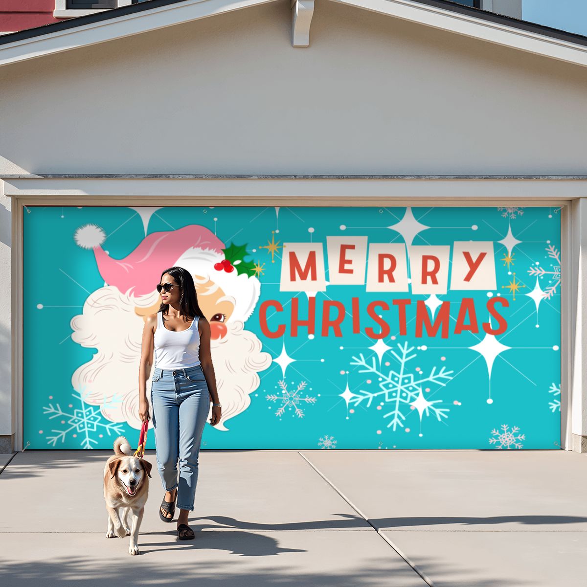 Vintage Santa Mid Century Christmas Aqua Blue Retro Garage Door Banner Backdrop - Mid Century Modern Gal