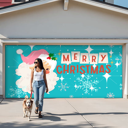 Vintage Santa Mid Century Christmas Aqua Blue Retro Garage Door Banner Backdrop - Mid Century Modern Gal