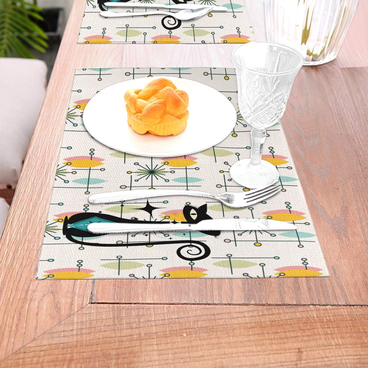 Atomic Cat Mid Century Modern White Starburst Kitschy Retro Woven Placemat - Mid Century Modern Gal