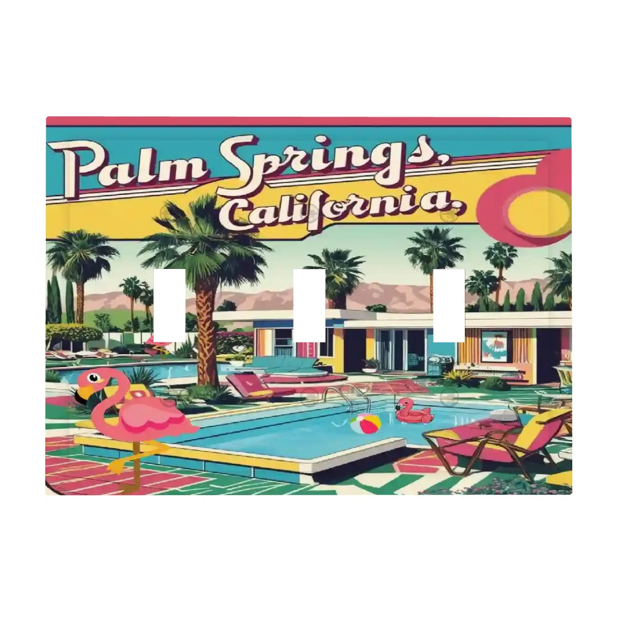 Palm Spring California Kitschy Mod Flamingo Modern Switch Cover 3-Gang 3 Toggle - Mid Century Modern Gal