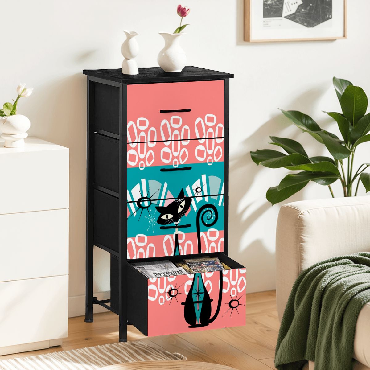 Mid Century Modern Coral, Teal Kitschy Mod Cat Design 4-Drawer Dresser - Mid Century Modern Gal