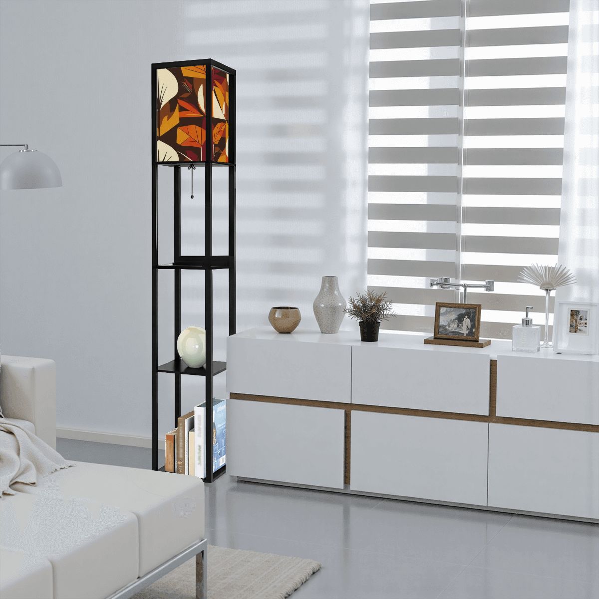 Modern Scandinavian Floral Harvest Blend Golden Yellow, Orange Mid Mod Floor Lamp with Shelves - Mid Century Modern Gal
