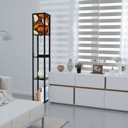 Modern Scandinavian Floral Harvest Blend Golden Yellow, Orange Mid Mod Floor Lamp with Shelves - Mid Century Modern Gal