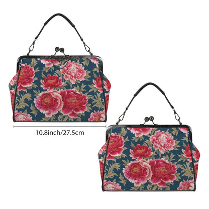 Modern Chinoiserie Royal Blue, Pink Red Floral Kisslock Crossbody Purse - Mid Century Modern Gal
