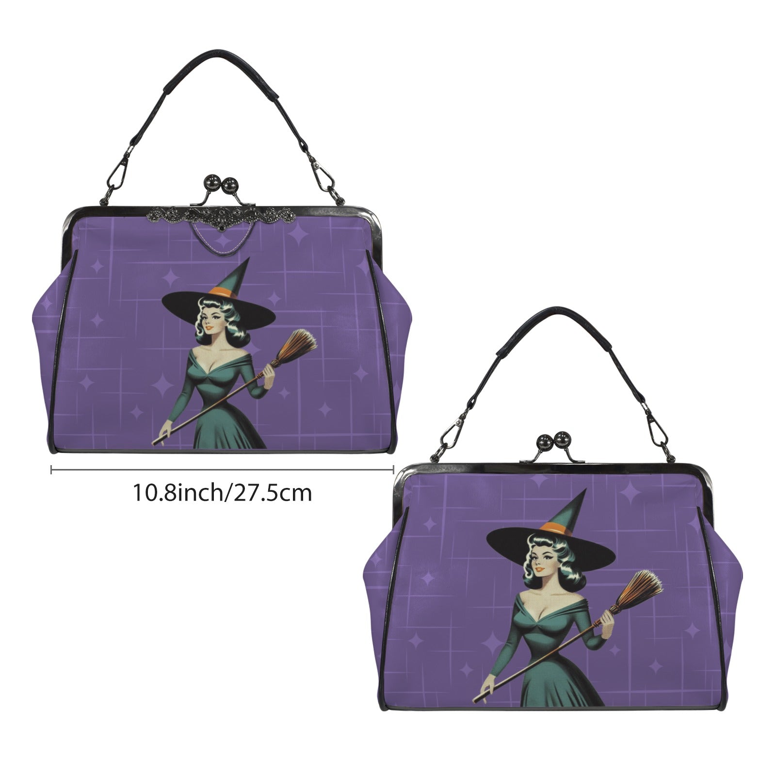 Mid Century Modern Vintage Pin Up Witch Purple Teal Halloween Kisslock Crossbody Purse - Mid Century Modern Gal