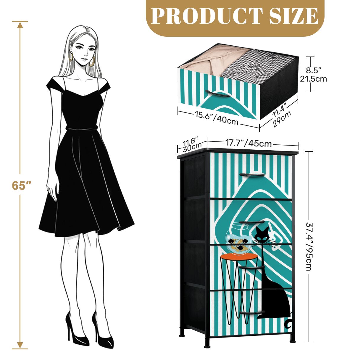 Atomic Kitschy Black Cat, Striped Mod Retro 4-Drawer Dresser - Mid Century Modern Gal