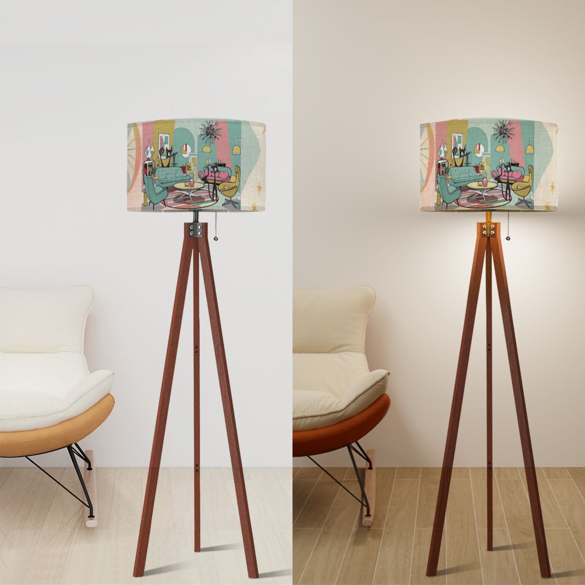 Atomic 50s Kitschy Cats, Retro Mod Livingroom, MCM Tripod Floor Lamp - Mid Century Modern Gal