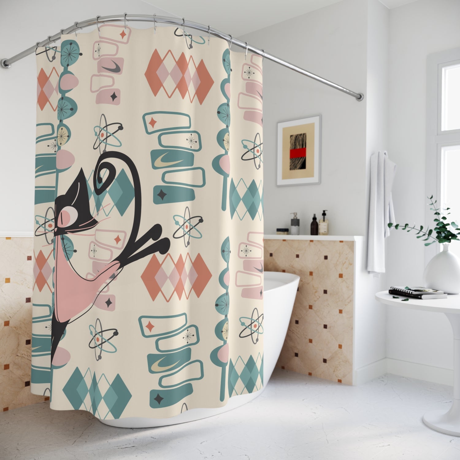 Atomic Cat Shower Curtain, Mid Century Modern Space, Googie Designed Retro Shower Curtain