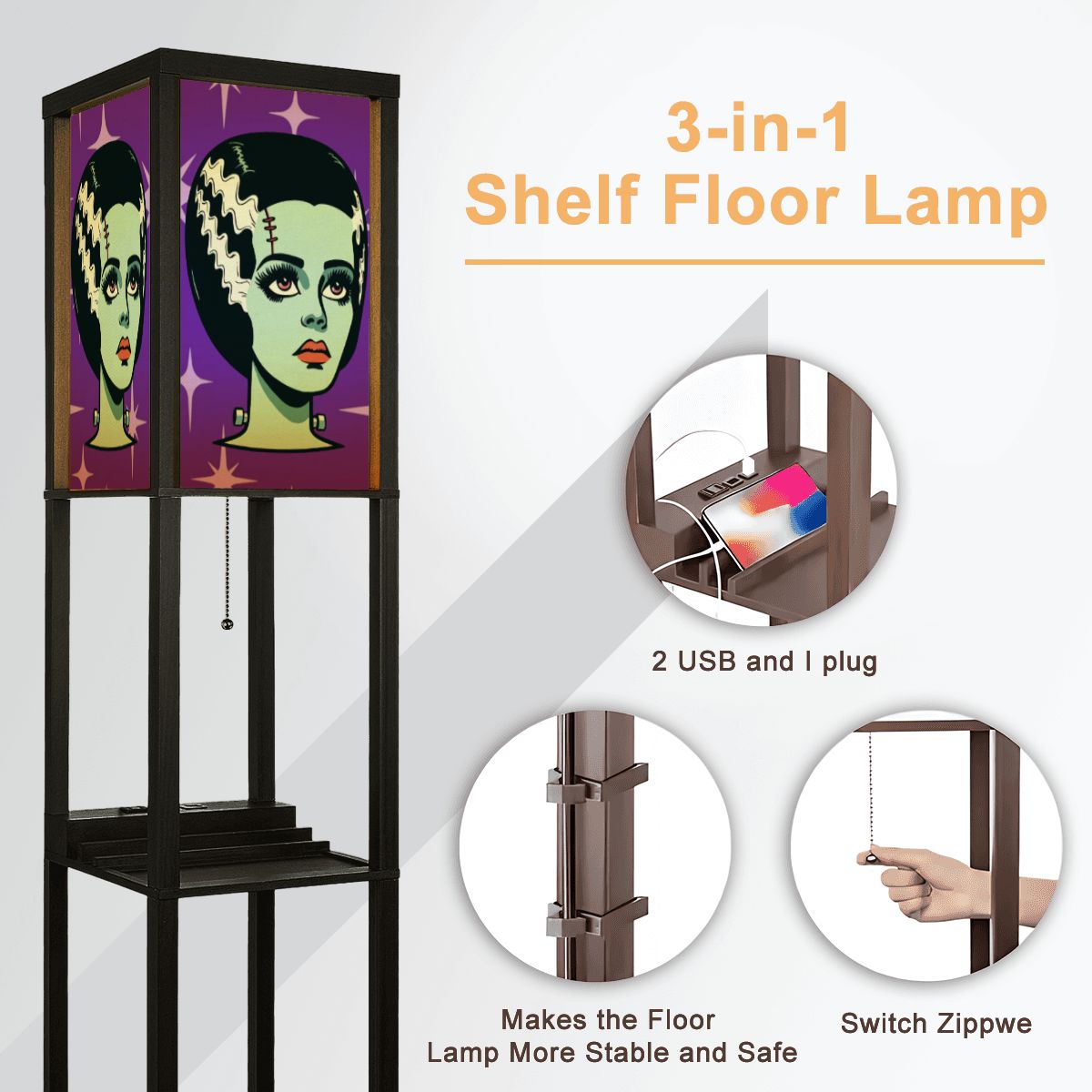 Bride of Frankenstein Retro Mid Mod Horror Buff Purple Halloween Floor Lamp with Shelves - Mid Century Modern Gal