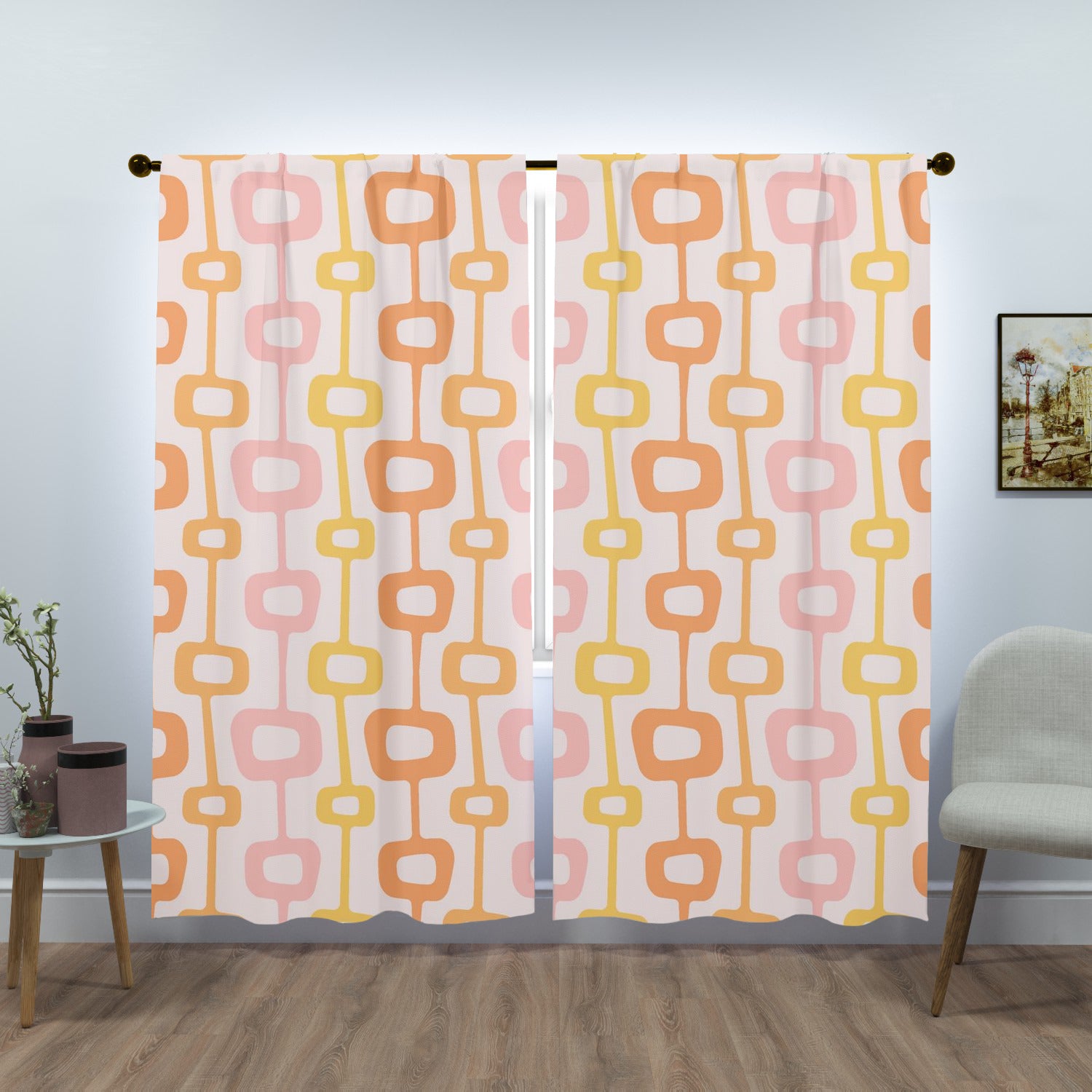 Mid Centuiry Modern Retro Groovy Geometric, Pink, Orange, Yellow MCM Window Curtains (two panels)