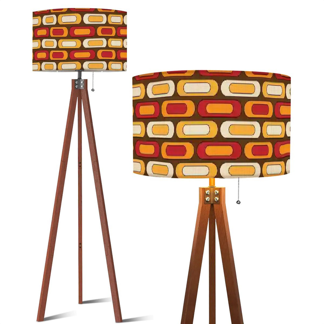 Retro Floor Tripod Lamp, Geometric Designed Orange, Yellow Brown Mid ModTripod Floor - Mid Century Modern Gal