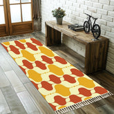 Mid Century Modern Mustard Yellow, Burnt Orange Mod Retro Runner Rug with Tassels - Mid Century Modern Gal