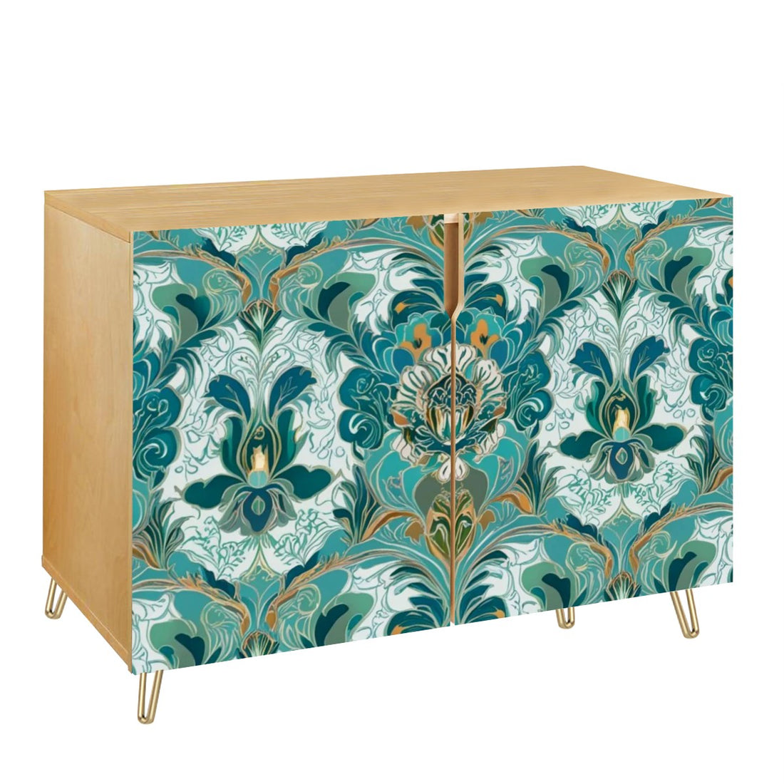 Chinoiserie Sideboard Floral Teal Green Gold, Elegant Wooden Storage Cabinet - Mid Century Modern Gal