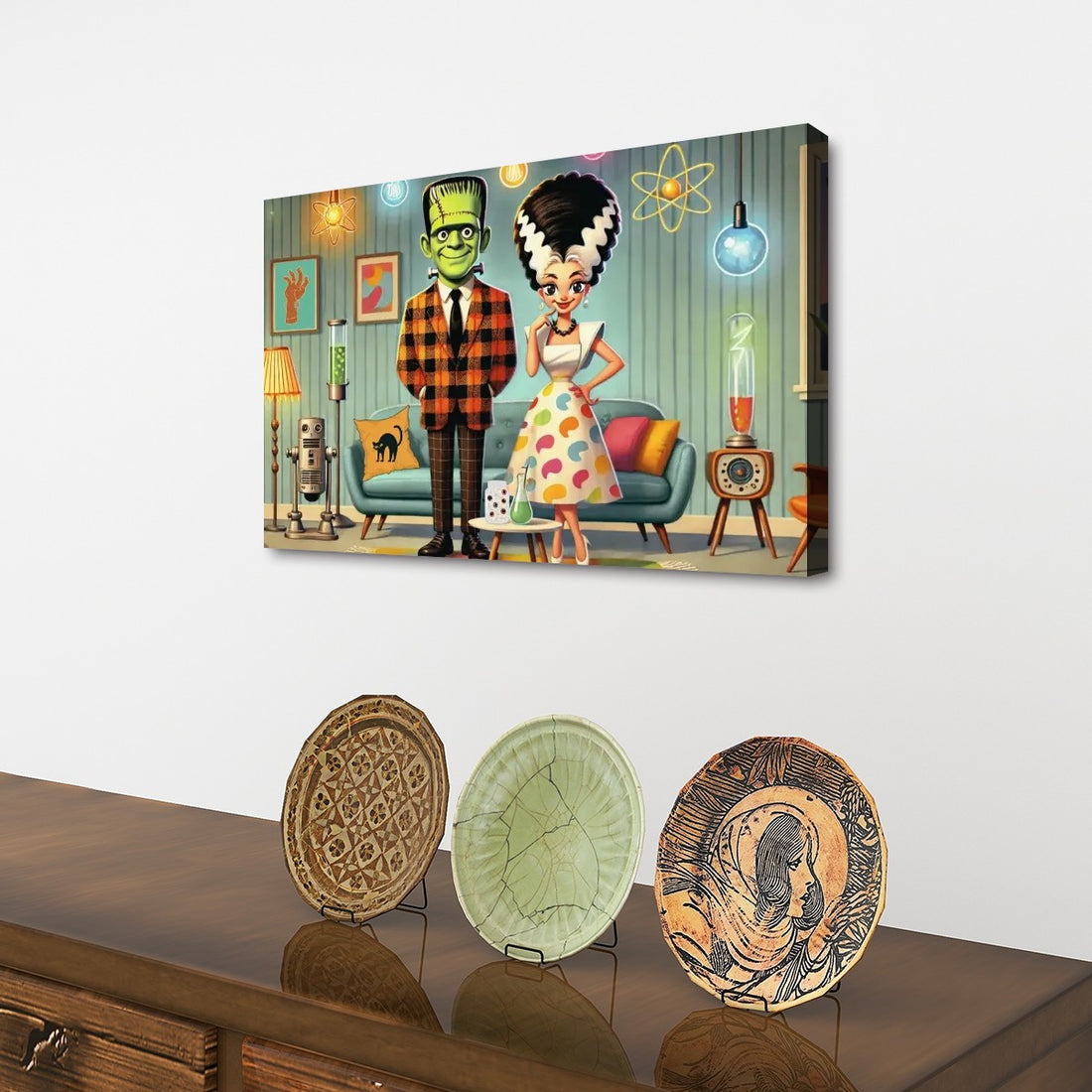 Frankenstein And Bride, Kitschy Retro Mid Century Modern Wall Art Canvas Print - Mid Century Modern Gal