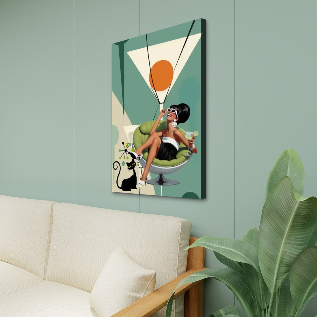 Mid Century Modern Atomic Cat Martini Hour, Funk Kitschy MCM Canvas Wall Art - Mid Century Modern Gal