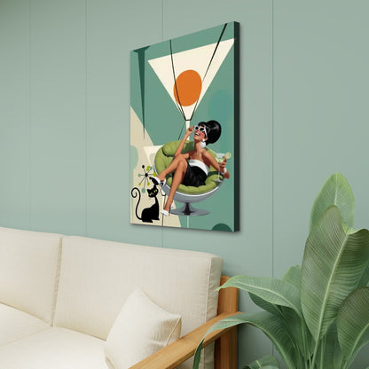 Mid Century Modern Atomic Cat Martini Hour, Funk Kitschy MCM Canvas Wall Art - Mid Century Modern Gal