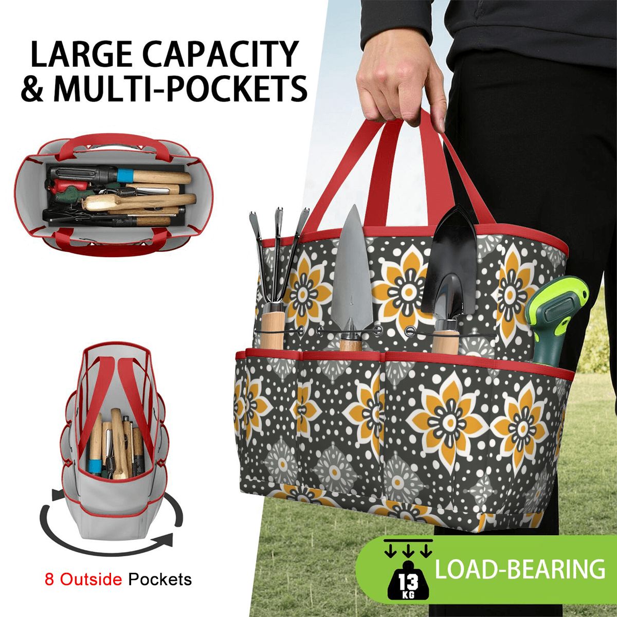 Floral Bohemian Retro Gray Yellow Modern Garden Tool Bag