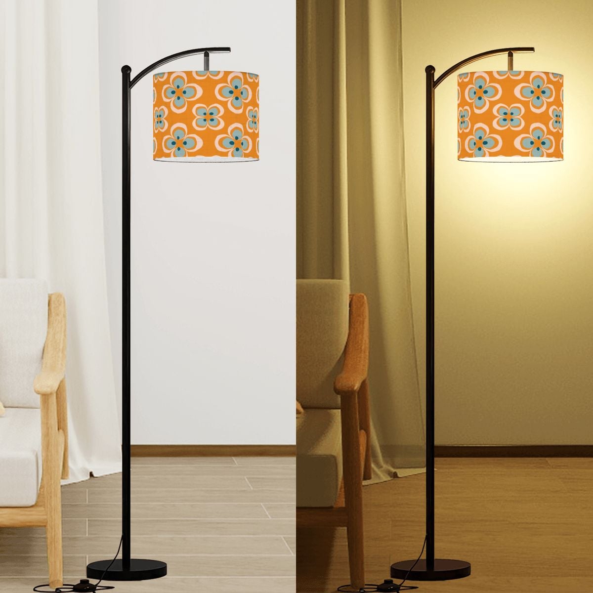 Mid Century Modern Scandinavian Modern Danish Orange, Blue Floral MCM Lamp SHADE ONLY - For Arc Floor Lamps Only - Mid Century Modern Gal