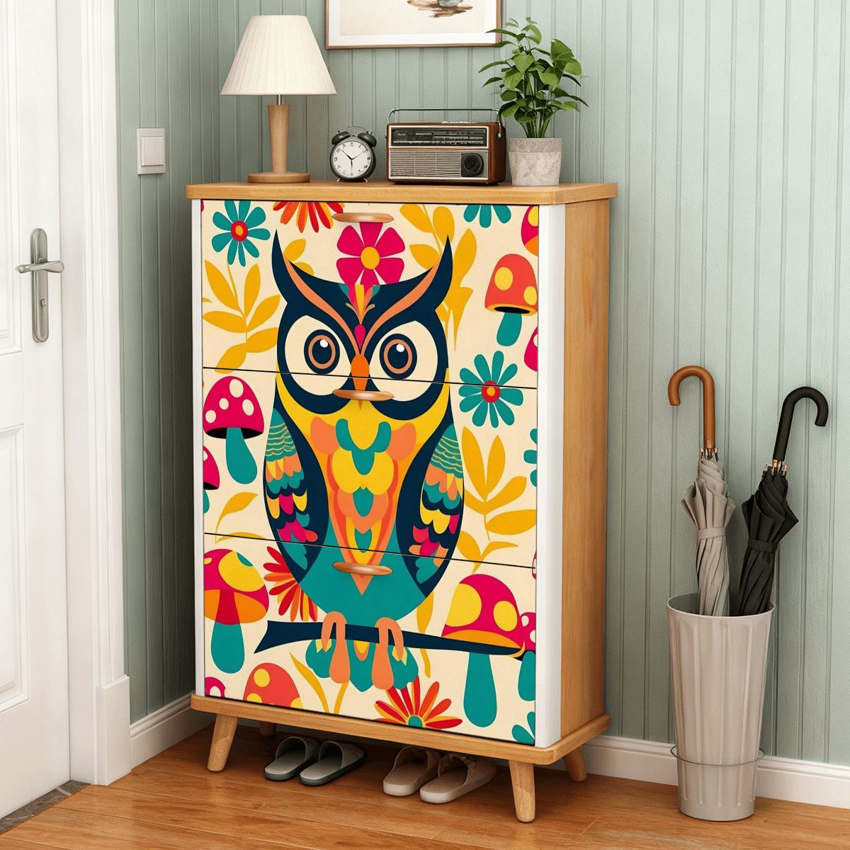 Retro 1970s Owl Mushroom Floral Mid Mod Shoe Storage Cabinet - Mid Century Modern Gal