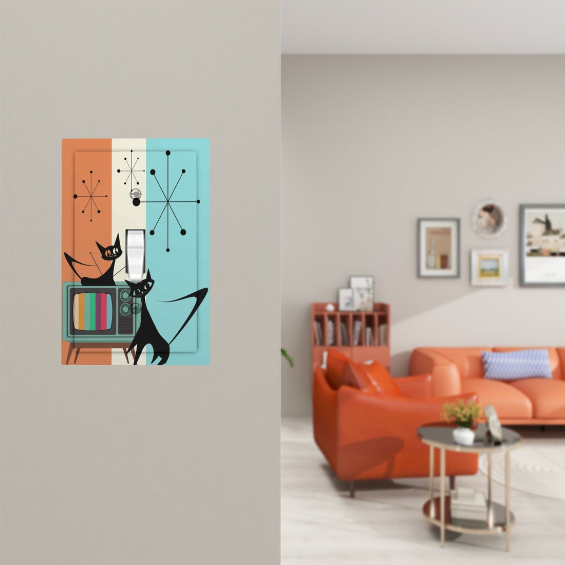 Atomic Cats Mid Century Modern Orange Aqua Kitschy Mod Wall Toggle - Mid Century Modern Gal