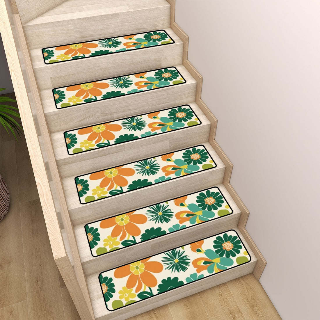 Retro Flower Power 70s Orange, Teal Aqua Floral Non Slip Carpet for Stairs Treads - Mid Century Modern Gal