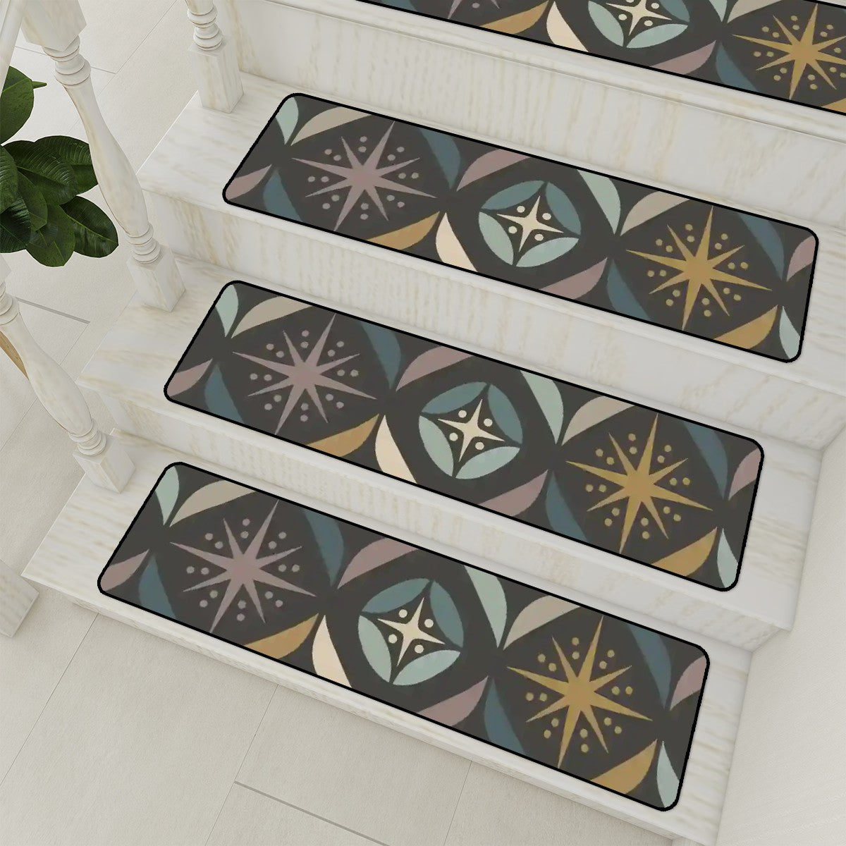 Mid Century Modern Elegant Gray Geometric Starburst Non Slip Carpet for Stairs Treads - Mid Century Modern Gal