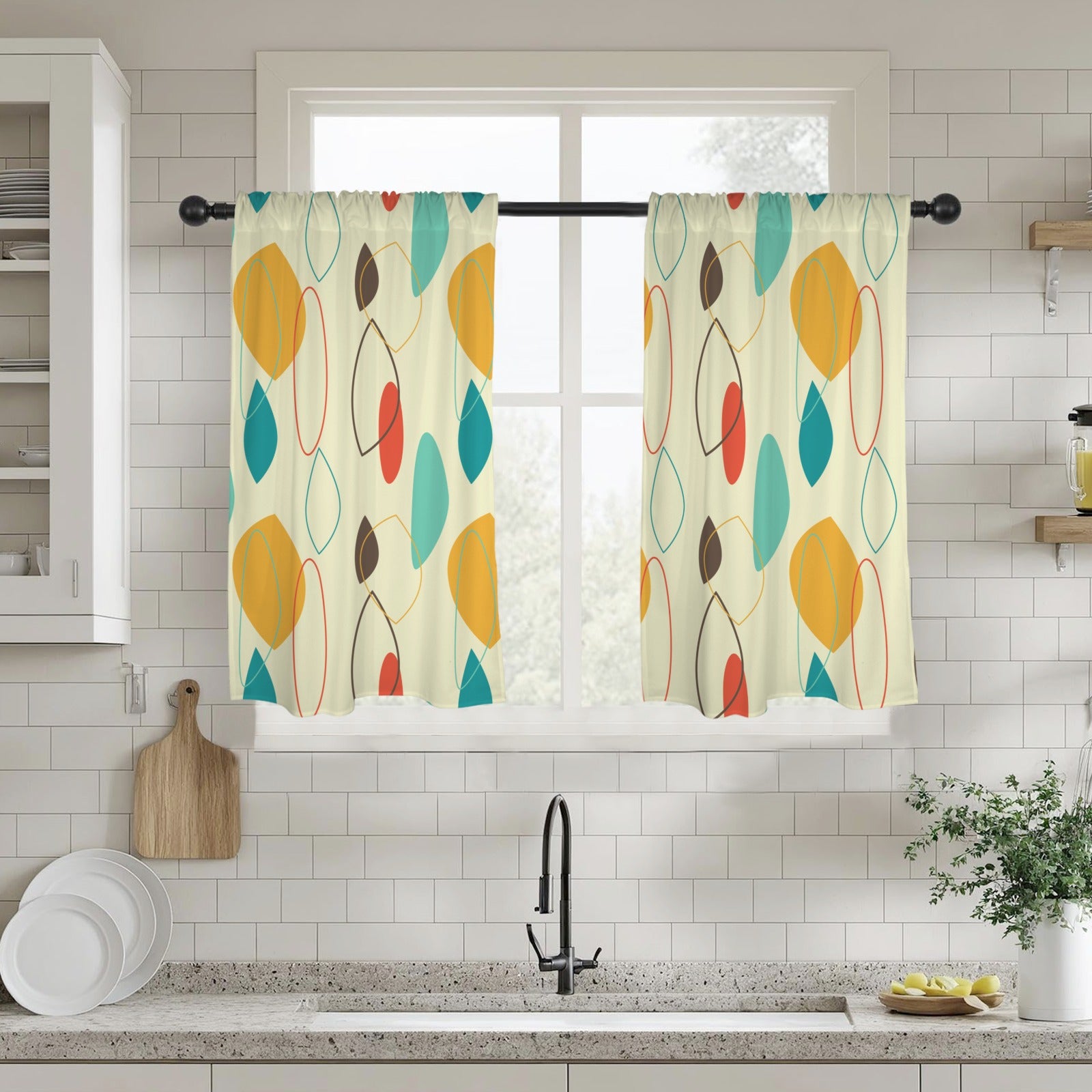 Mid Century Modern Geometric Abstract Retro Cafe Window Curtains - Mid Century Modern Gal