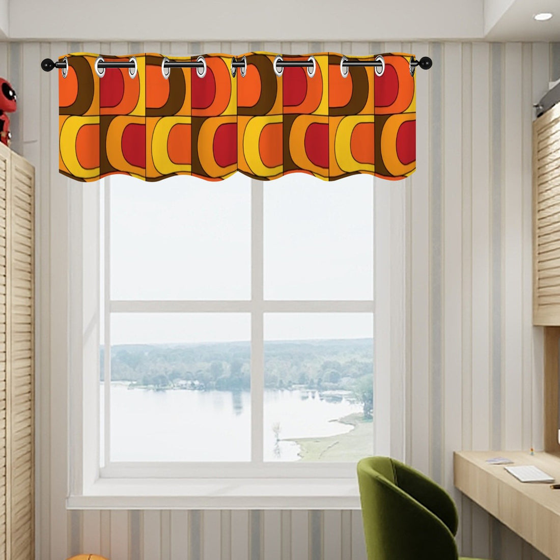 Retro Kitschy Mod Orange Yellow Brown Red 70s Designed Valance Curtains - Mid Century Modern Gal