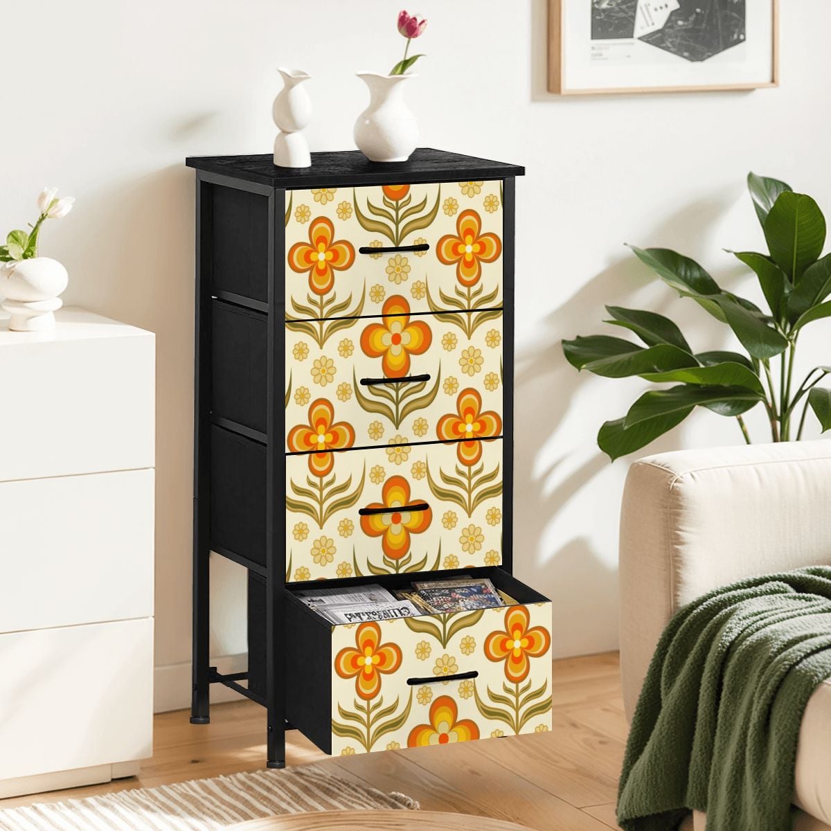 70s Retro Groovy Flower Power Floral Orange Yellow Green 4-Drawer Dresser - Mid Century Modern Gal