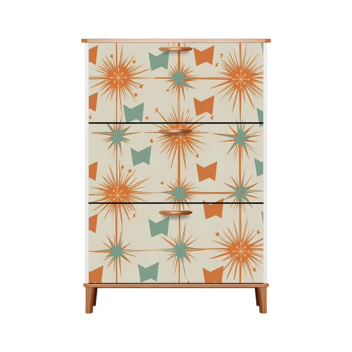 Atomic 50s Starburst Mid Century Modern Orange Teal Shoe Cabinet - Mid Century Modern Gal