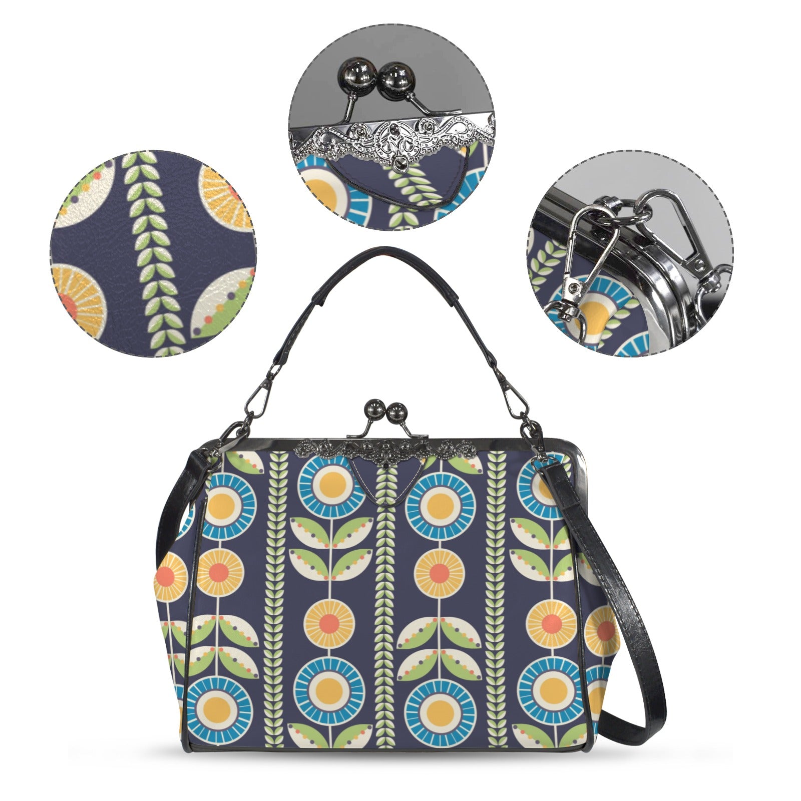 Modern Scandinavian Flower Blue, Orange, Yellow, Green Mid Century Modern Kisslock Crossbody Purse - Mid Century Modern Gal