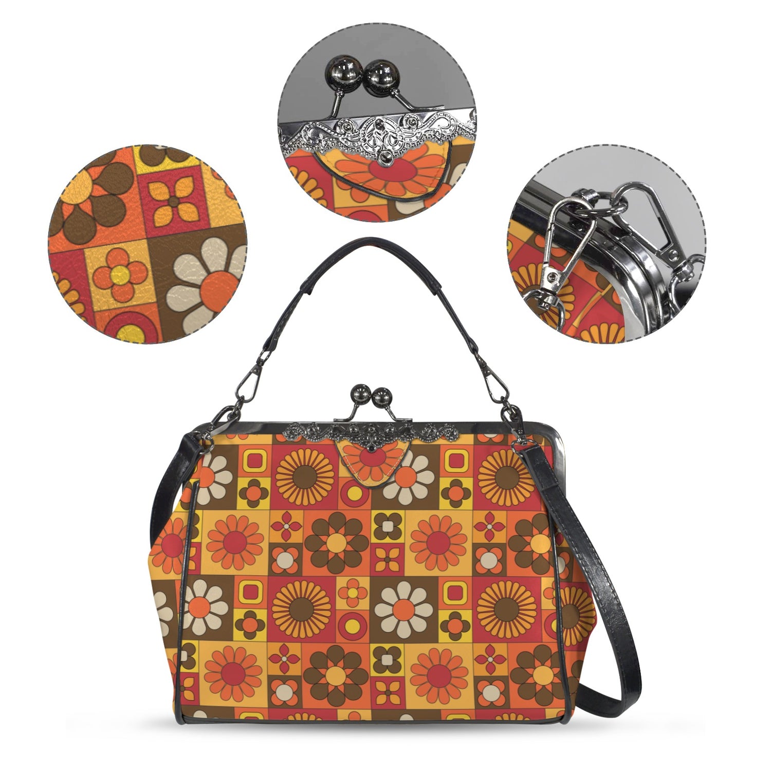 Retro 70s Mod Floral Orange Brown Yellow Mid Mod Hip Kisslock Crossbody Purse - Mid Century Modern Gal