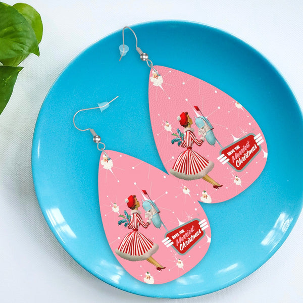 Mid Century Modern Christmas Old Timey Santa Pink Mod 50s Gal Faux Leather Teardrop Earrings